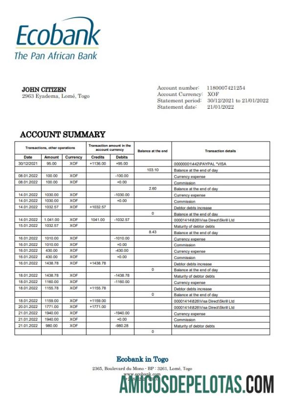 Togo Ecobank modelo de extrato bancário